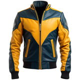 Winter Mustard-Yellow-Blue Genuine Sheepskin Leather Jacket For Men