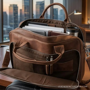 Distressed brown leather laptop messenger bag – 15.6-inch laptop sleeve and dimensions
