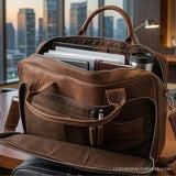 Distressed brown leather laptop messenger bag – open main compartment with laptop sleeve