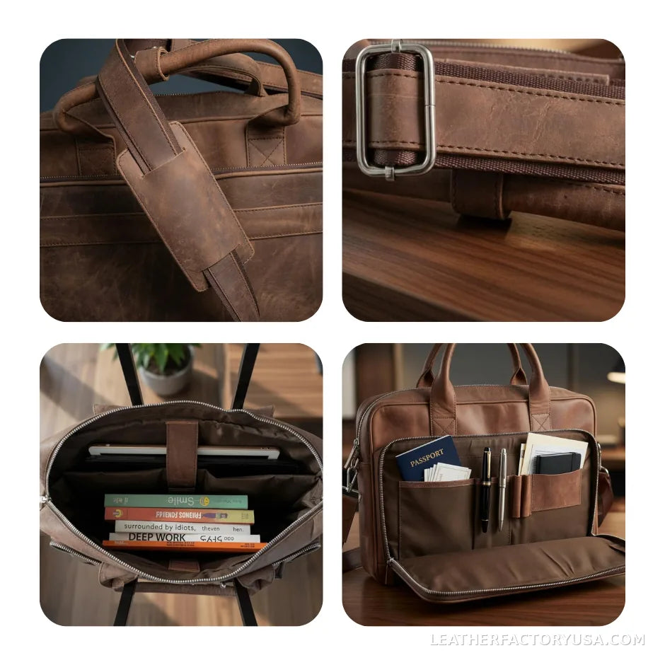 Distressed brown leather laptop messenger bag – handle, strap and interior details