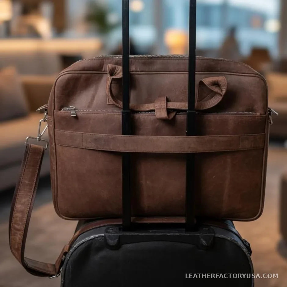 Distressed brown leather laptop messenger bag – on a rolling suitcase handle