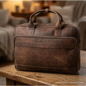 Distressed brown leather laptop messenger bag – front view with zip front pocket