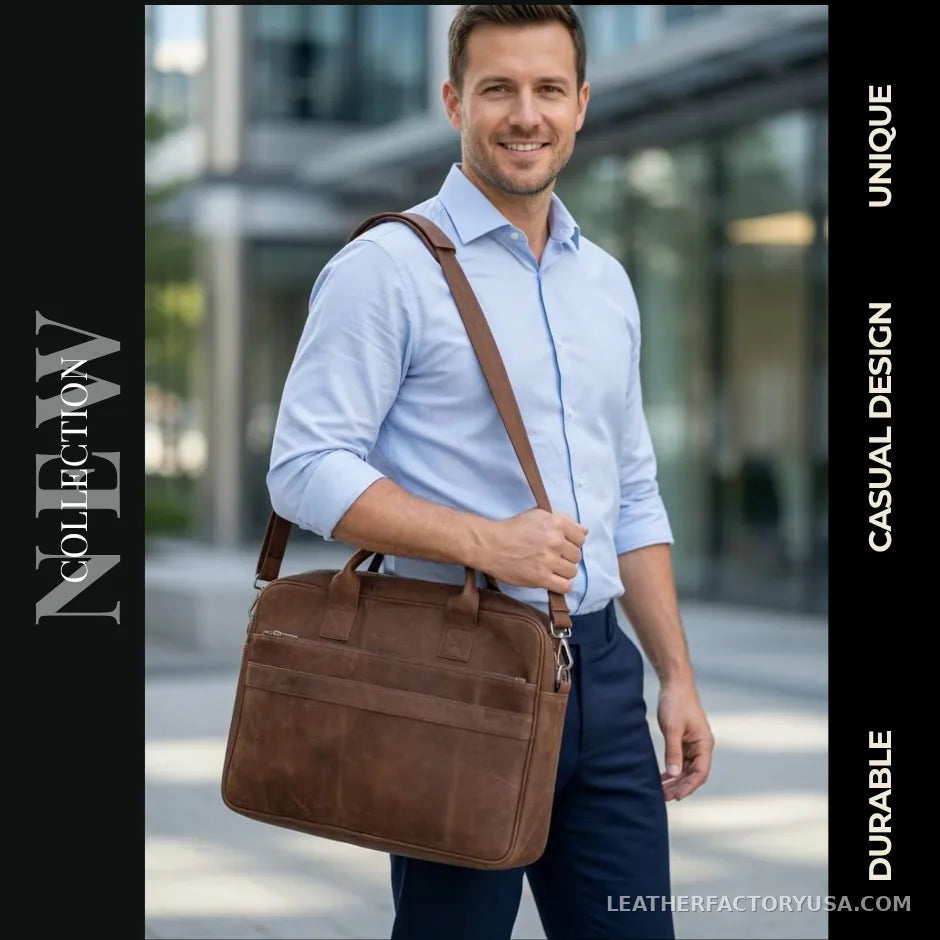 Distressed brown leather laptop messenger bag – carried crossbody