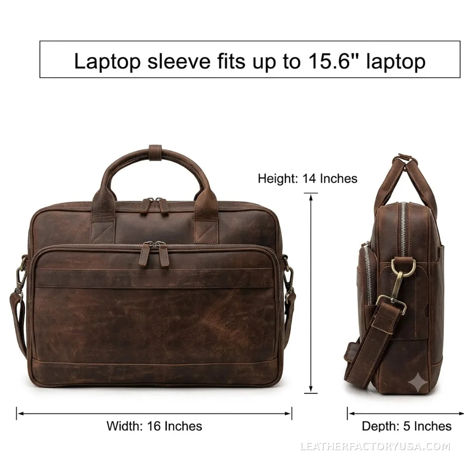 Distressed brown leather laptop messenger bag – 15.6-inch laptop sleeve and dimensions
