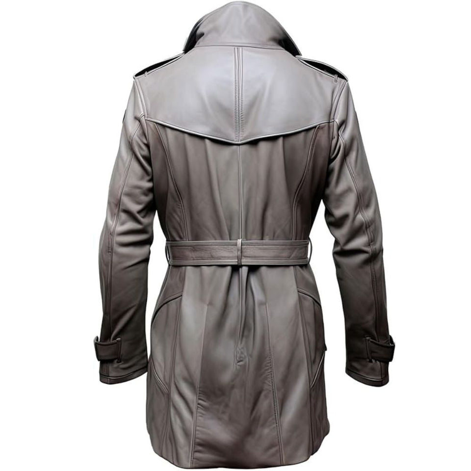 Winter Vintage Grey Belted Pure lambskin Leather Trench Coat For Men