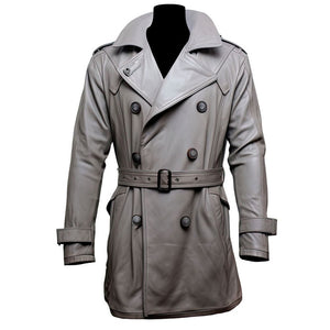 Winter Vintage Grey Belted Pure lambskin Leather Trench Coat For Men