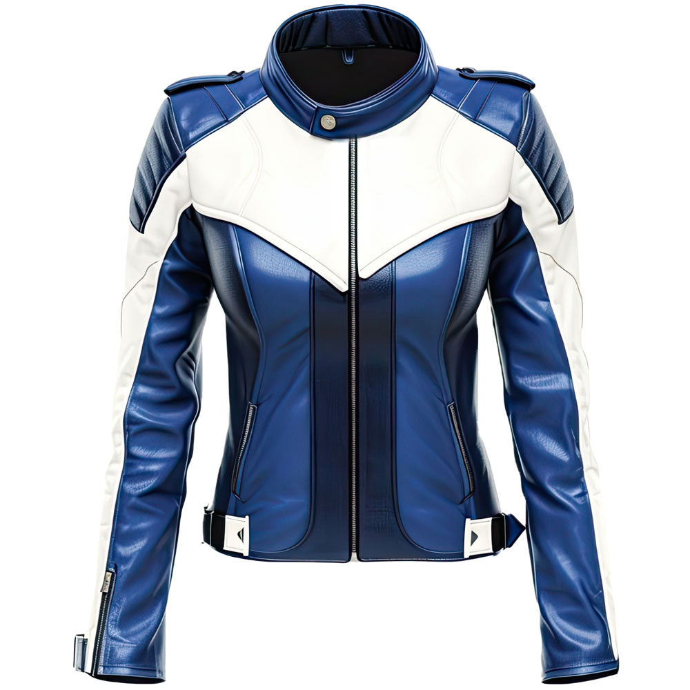 Classic Blue White Motorcycle Pure Sheepskin leather jacket For Women