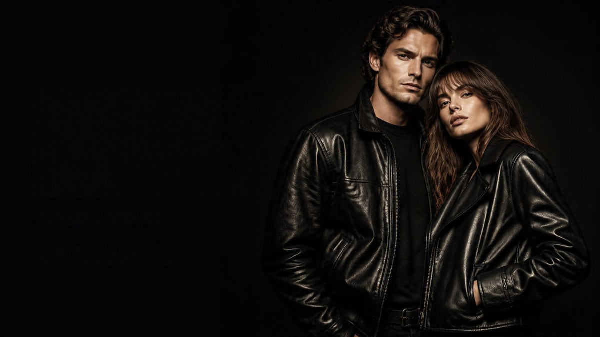 Man and woman wearing genuine black leather jackets - Leather Factory USA