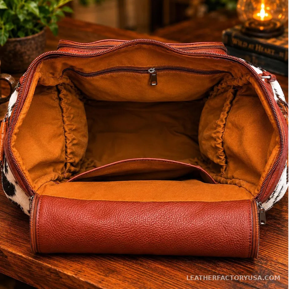 Brown and white hair-on cowhide backpack – open lined interior