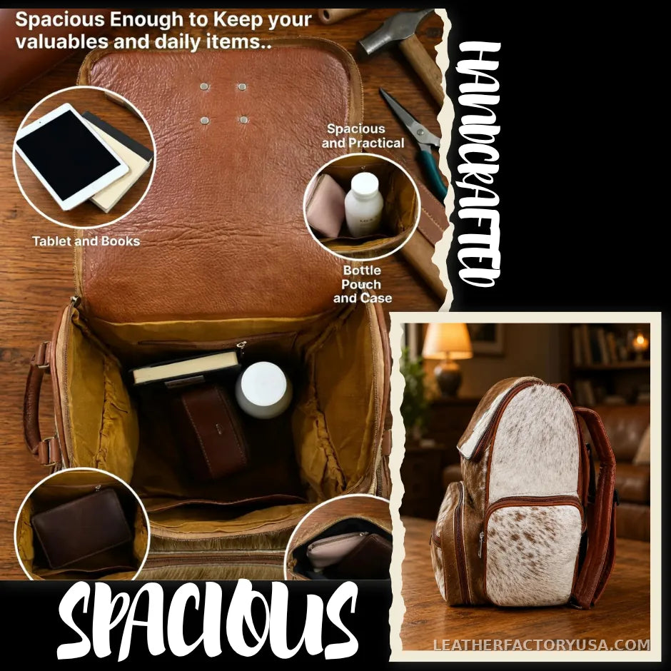Brown and white hair-on cowhide backpack – interior with tablet, books and bottle