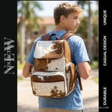 Brown and white hair-on cowhide backpack – worn as a backpack