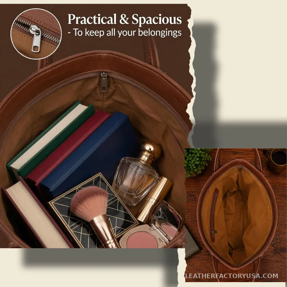 Brown and white hair-on cowhide tote bag – lined interior with books and cosmetics