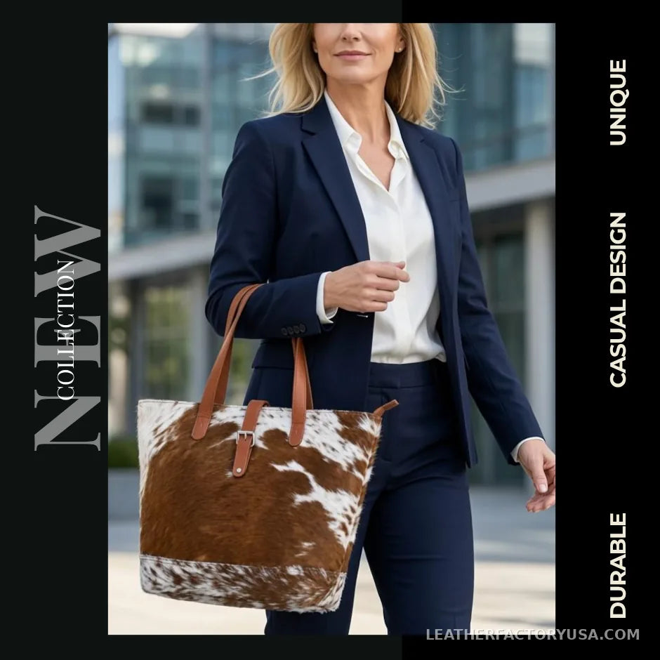 Brown and white hair-on cowhide tote bag – carried on the shoulder