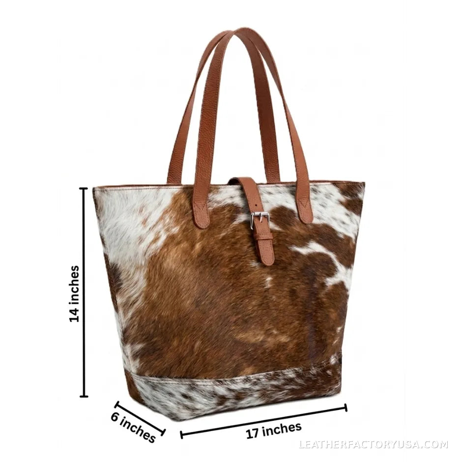 Brown and white hair-on cowhide tote bag – dimensions 17 x 14 x 6 inches