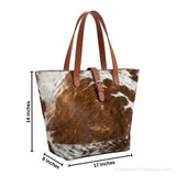 Brown and white hair-on cowhide tote bag – dimensions 17 x 14 x 6 inches