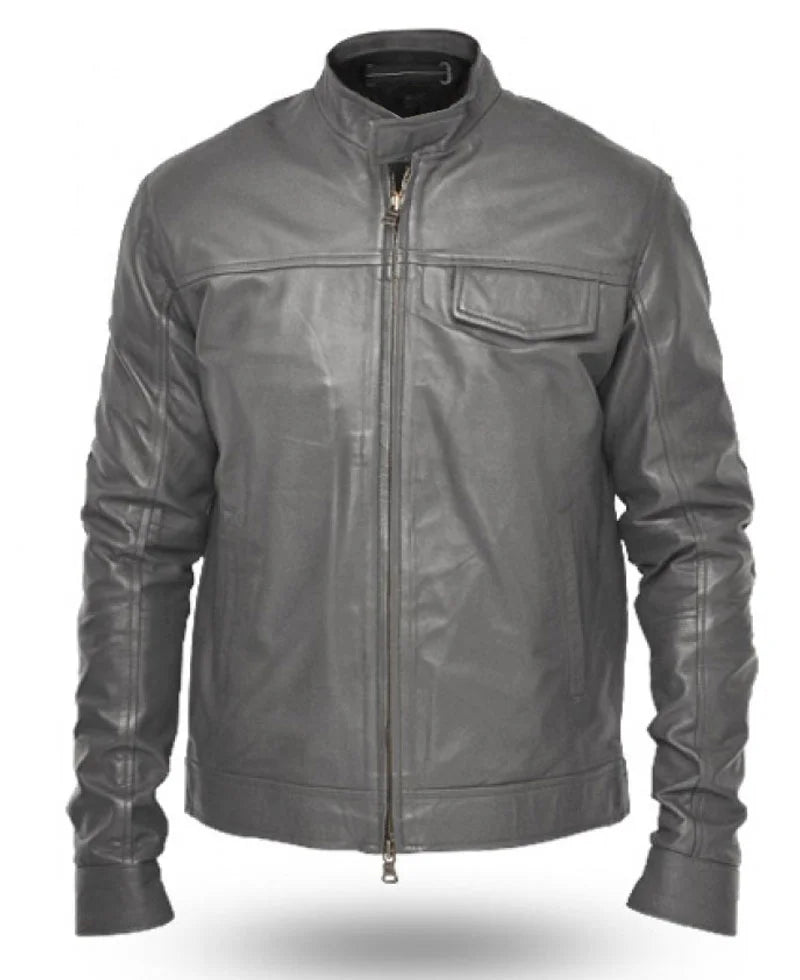 Winter Ash Gray Motorcycle Premium Sheepskin Leather Jacket For Men