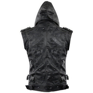 Classic Black Hooded Genuine Sheepskin Leather Vest Coat For Men