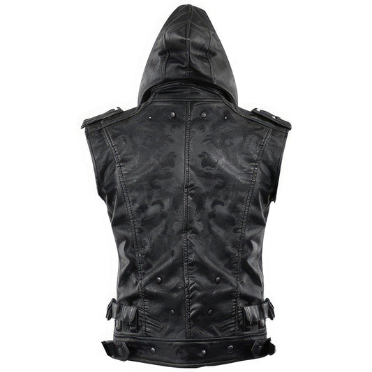 Classic Black Hooded Genuine Sheepskin Leather Vest Coat For Men