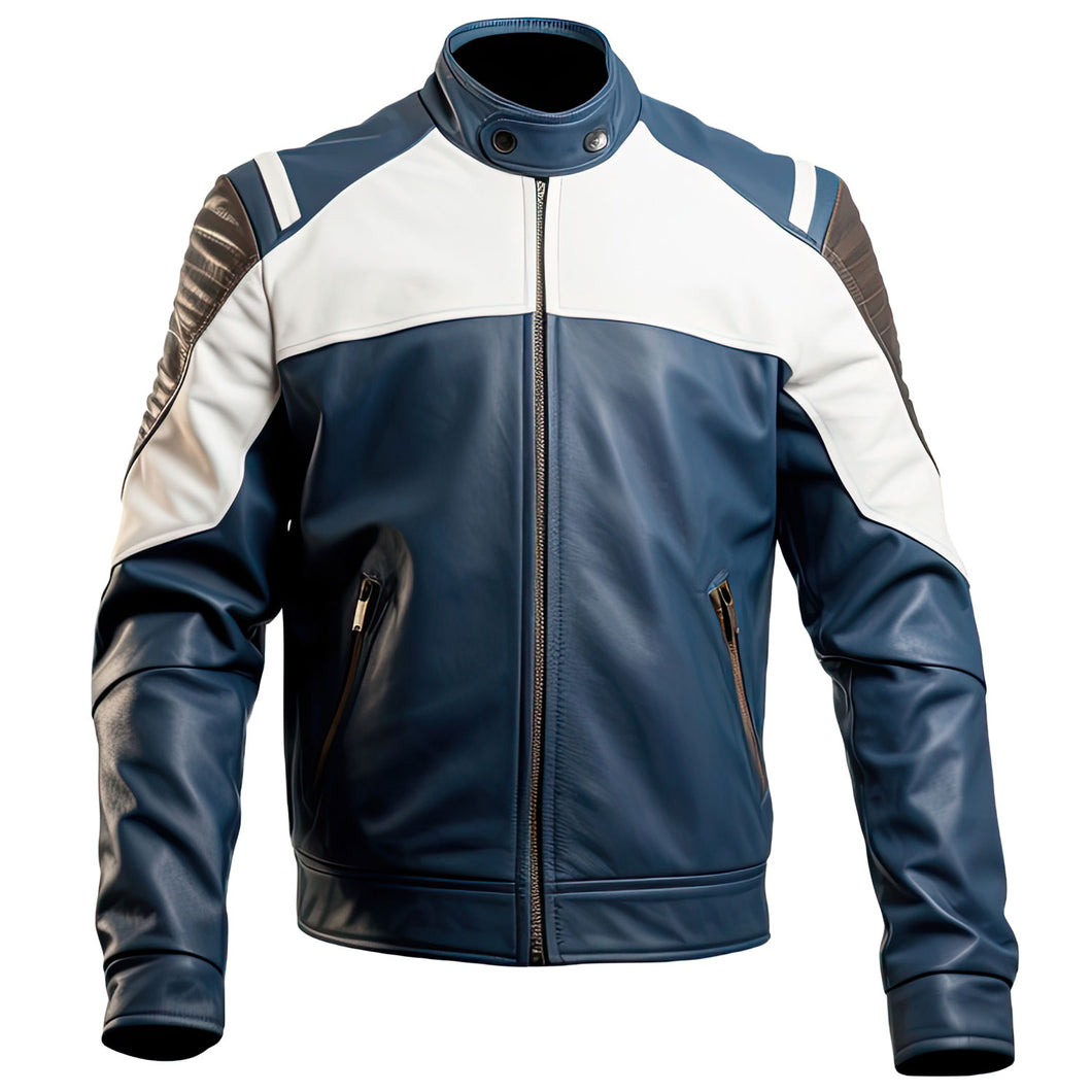 Winter Navy Blue Motorcycle Genuine Sheepskin Leather Jacket For Men
