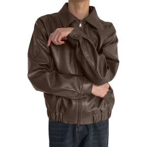 Classic Brown Oversized Genuine Sheepskin Shirt Collar Leather Jacket For Men