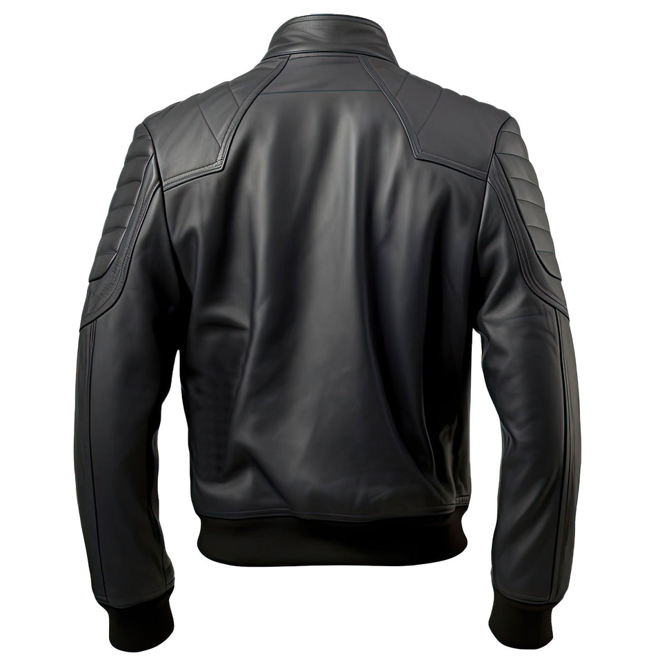 Black Pure Sheepskin Rib Knitted Slim-Fit Leather Bomber Jacket For Men