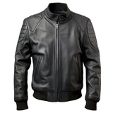 Black Pure Sheepskin Rib Knitted Slim-Fit Leather Bomber Jacket For Men