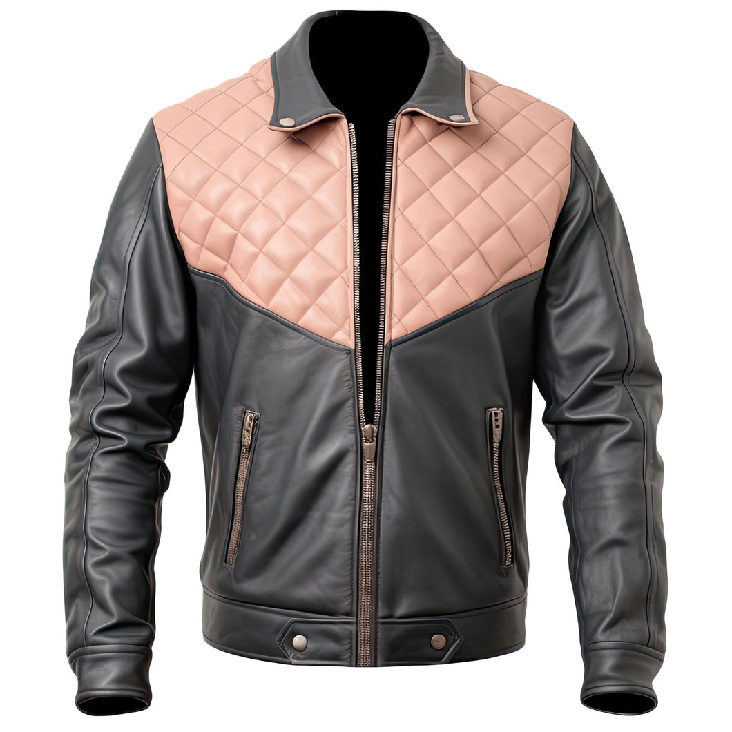 Pink Charcoal Grey Genuine Sheepskin Quilted Leather Jacket For Men