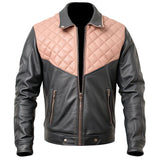 Pink Charcoal Grey Genuine Sheepskin Quilted Leather Jacket For Men
