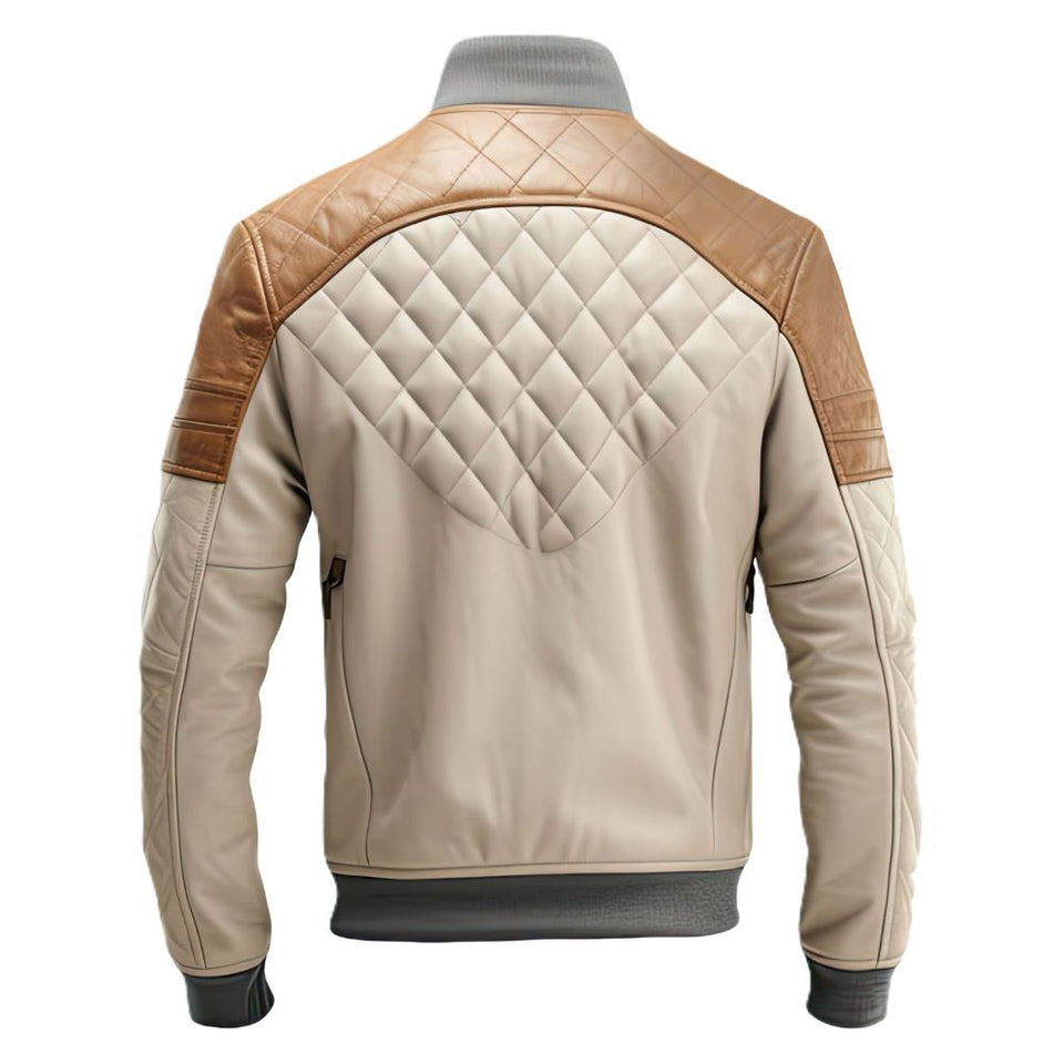 Brown Cafe Racer Diamond Quilted Pure Sheepskin Leather Jacket For Men - Leather Factory USA