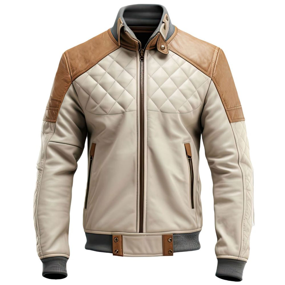 Brown Cafe Racer Diamond Quilted Pure Sheepskin Leather Jacket For Men - Leather Factory USA