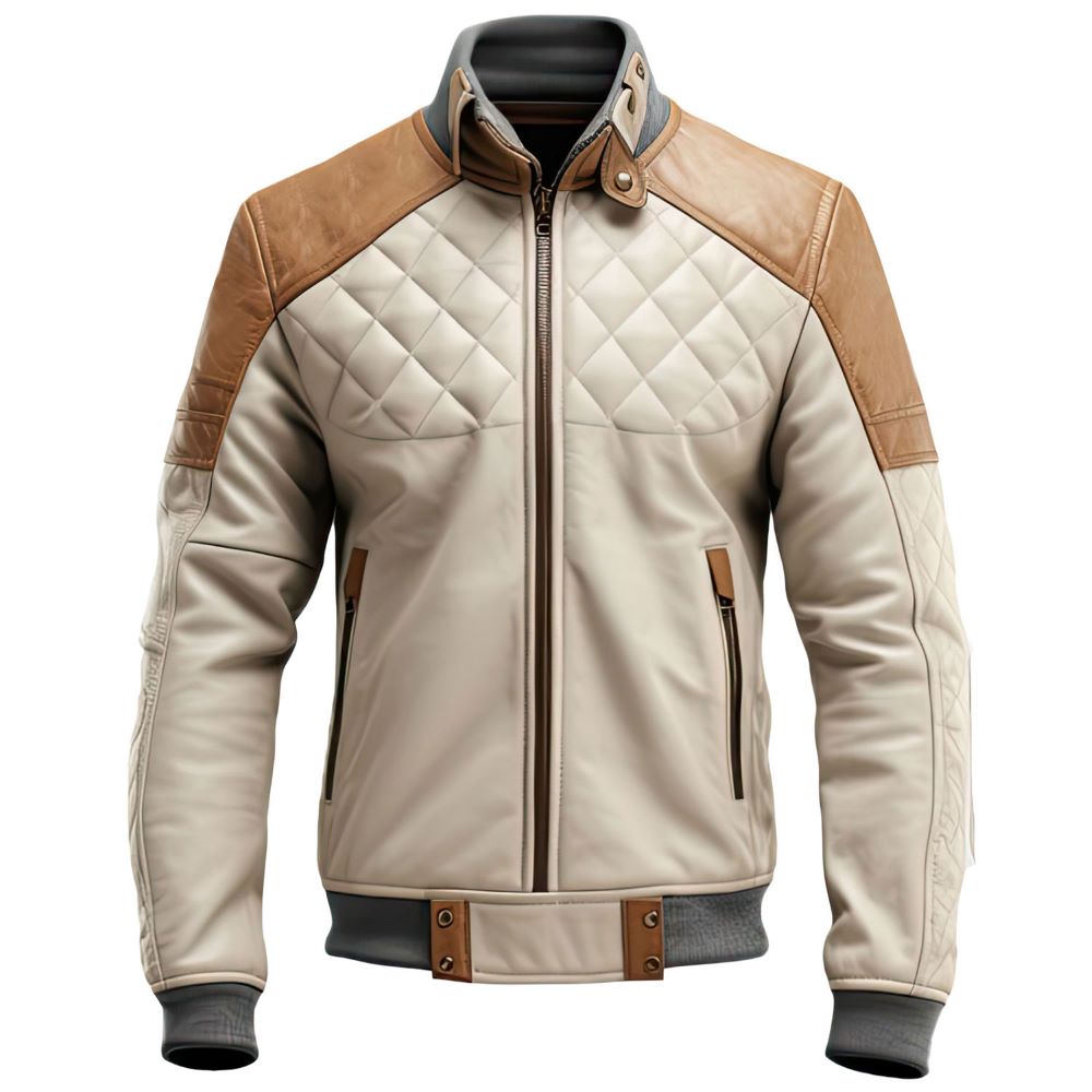 Brown Cafe Racer Diamond Quilted Pure Sheepskin Leather Jacket For Men - Leather Factory USA