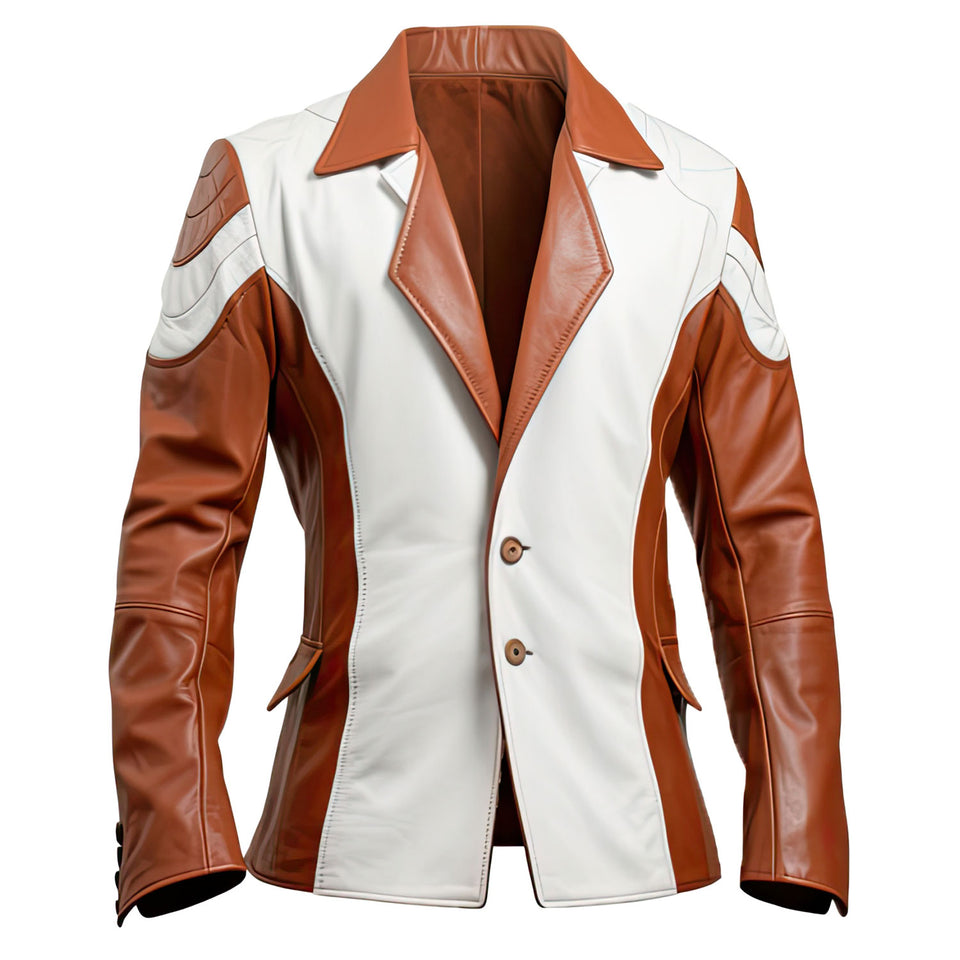 White-Brown Contrasted Outerwear Pure Sheepskin Leather Jacket For Men