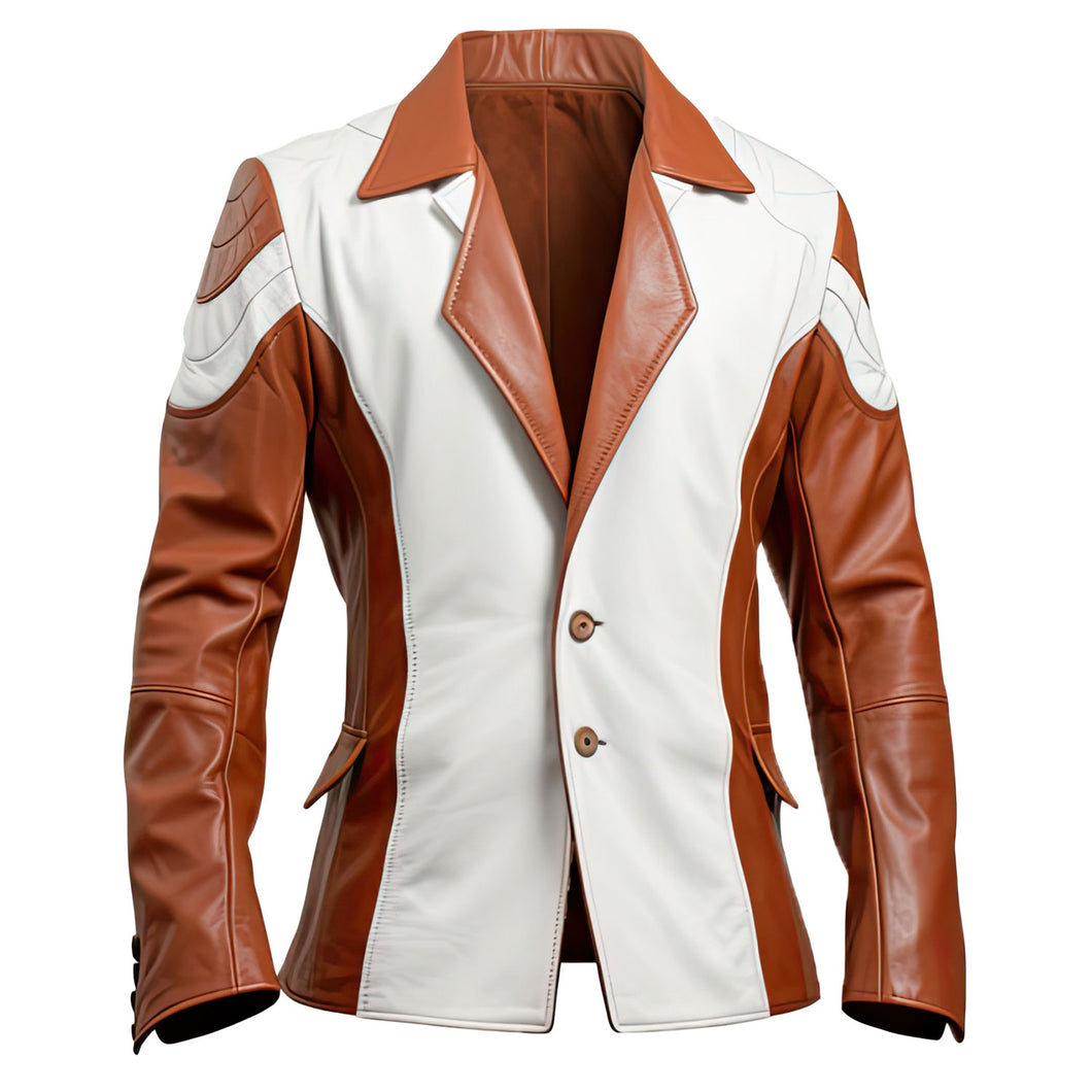 White-Brown Contrasted Outerwear Pure Sheepskin Leather Jacket For Men