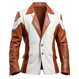 White-Brown Contrasted Outerwear Pure Sheepskin Leather Jacket For Men