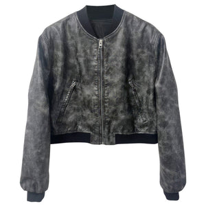 Winter Distressed Grey Bomber Pure Sheepskin Leather Jacket For Women