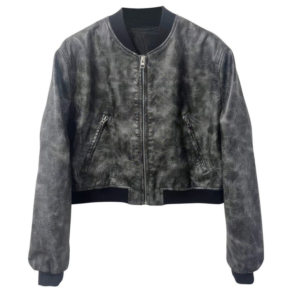 Winter Distressed Grey Bomber Pure Sheepskin Leather Jacket For Women