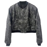 Winter Distressed Grey Bomber Pure Sheepskin Leather Jacket For Women