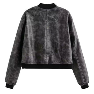 Winter Distressed Grey Bomber Pure Sheepskin Leather Jacket For Women