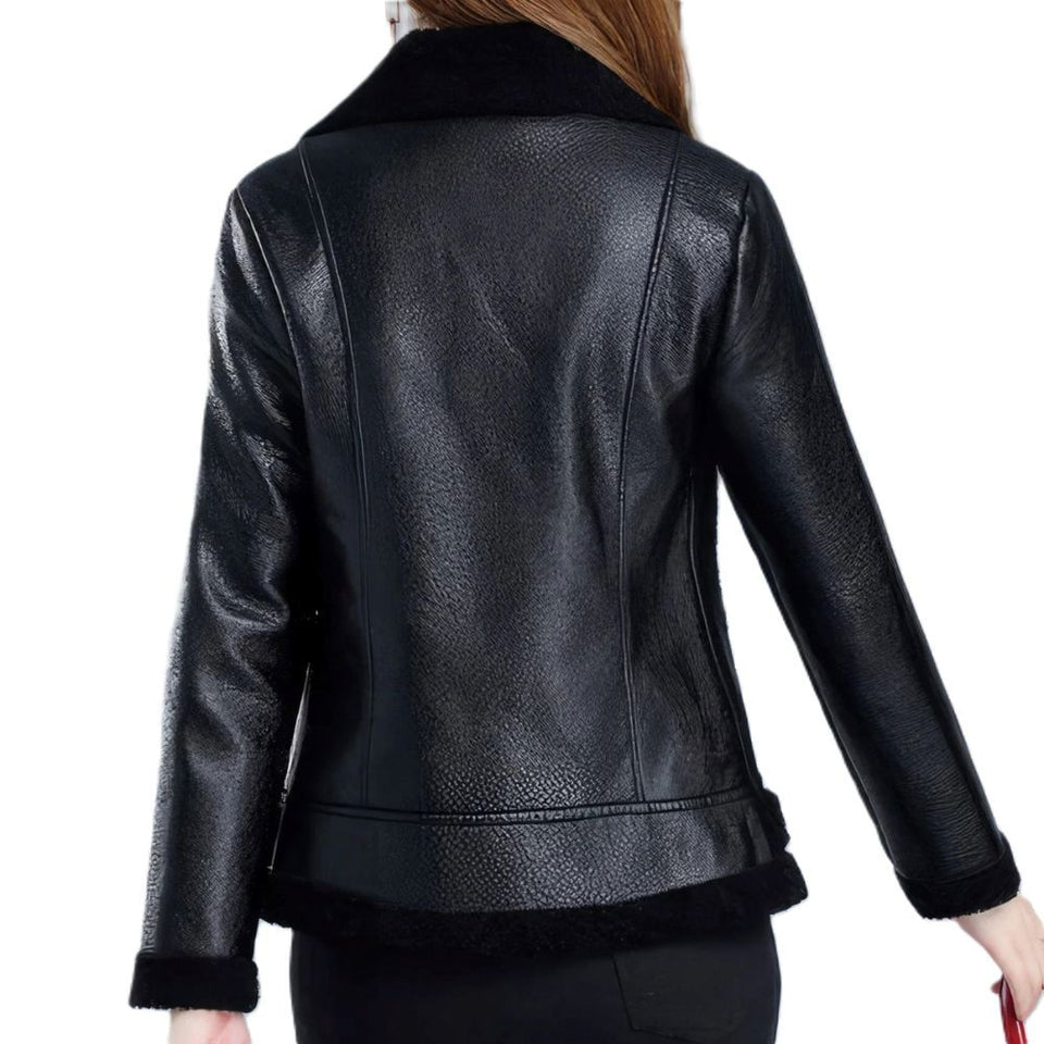 Black Bomber Faux Shearling Premium Sheepskin Leather Jacket For Women