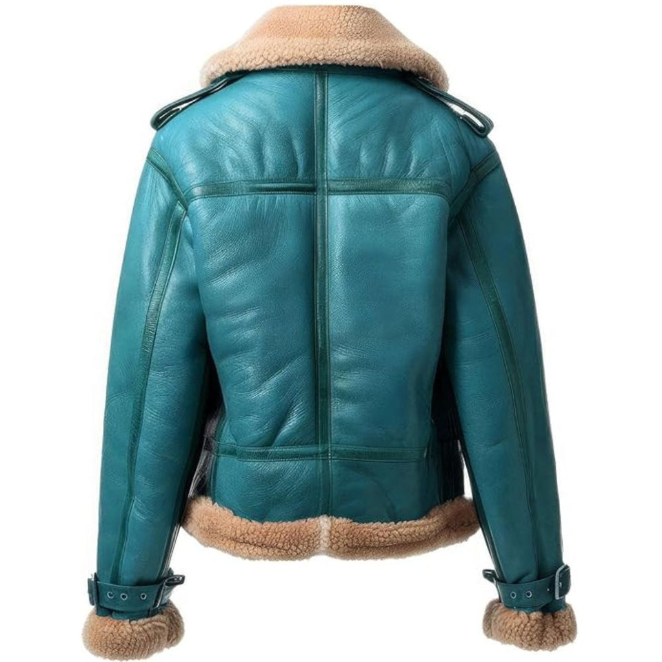 Teal blue Faux Fur Aviator Premium Sheepskin Leather Jacket For Women