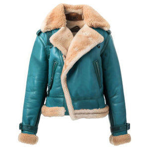 Teal blue Faux Fur Aviator Premium Sheepskin Leather Jacket For Women