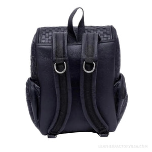 Jet black hand-woven leather backpack – dimensions 15 x 10.5 x 9 inches