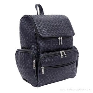 Jet black hand-woven leather backpack – front view with zip pockets