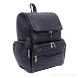 Jet black hand-woven leather backpack – front view with zip pockets