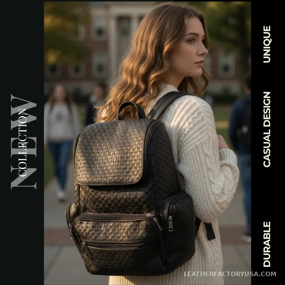 Jet black hand-woven leather backpack – worn on campus