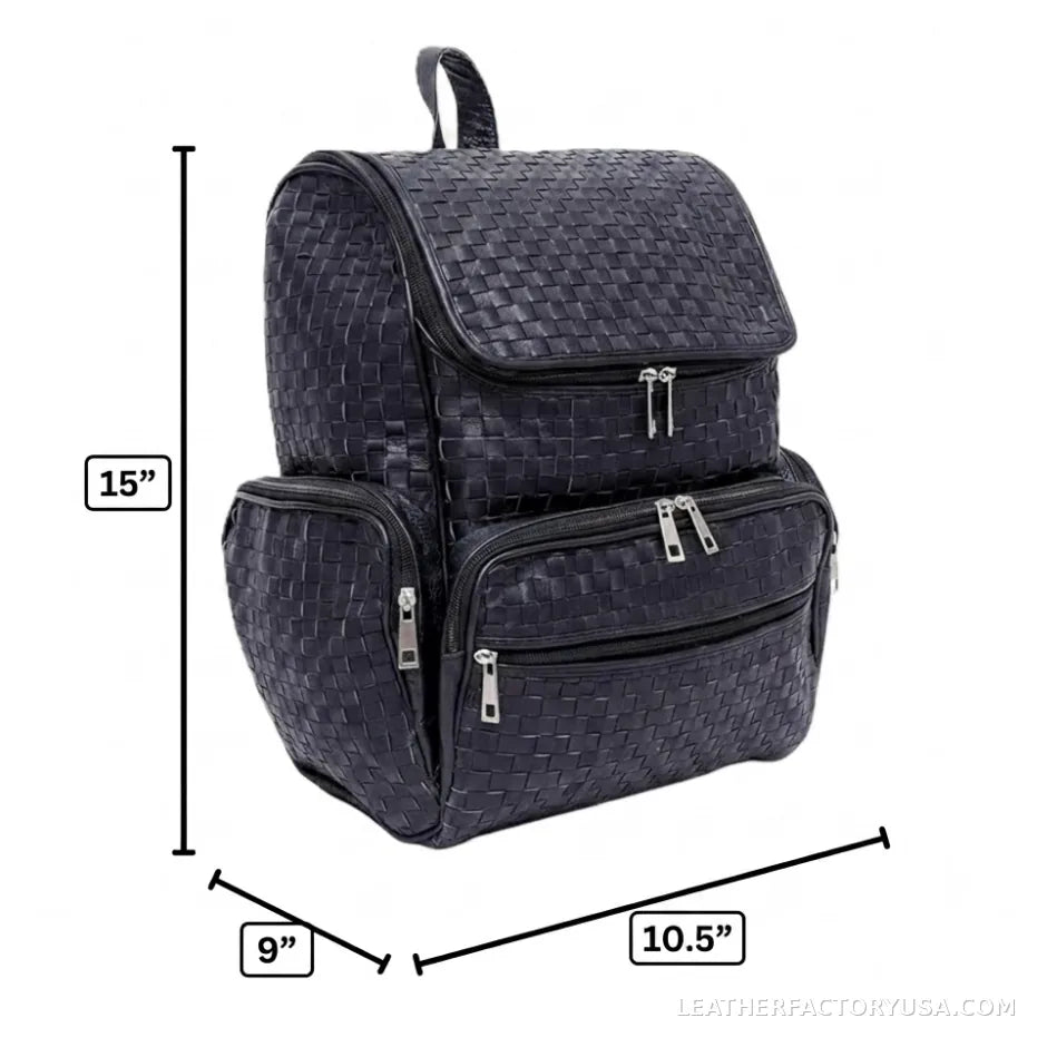 Jet black hand-woven leather backpack – dimensions 15 x 10.5 x 9 inches